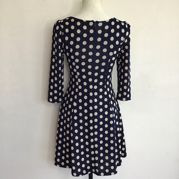 LAPIS WOMEN ELEGANT NAVY BLUE WHITE POLKA DOT SPRING PICNIC SKATER DRESS SIZE S - Picture 2 of 7